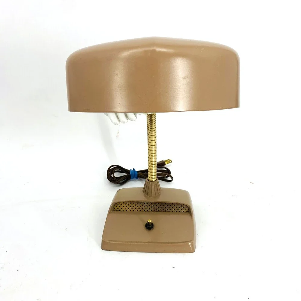 Vintage MCM Industrial Hooded Desk Lamp Nude/Mauve Brass Machine Age Metal